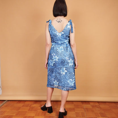 VIN-DR-27444 Vintage φόρεμα εμπριμέ μπλε αμάνικο S-M