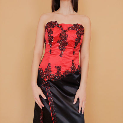 VIN-DR-29564 Vintage party φόρεμα σατέν με πούλιες S