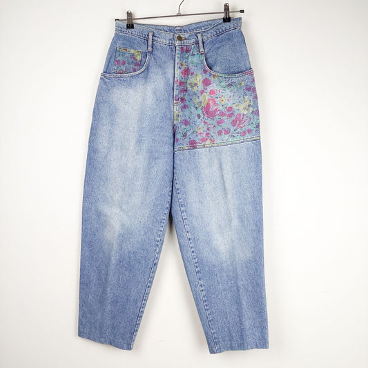 VIN-TR-27427 Vintage παντελόνι denim ψηλόμεσο μπλε με λουλούδια L-ΧL