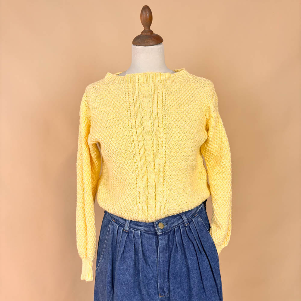VIN-KNIT-35755 Vintage πλεκτή κροπ κίτρινη μπλούζα 90's S-M