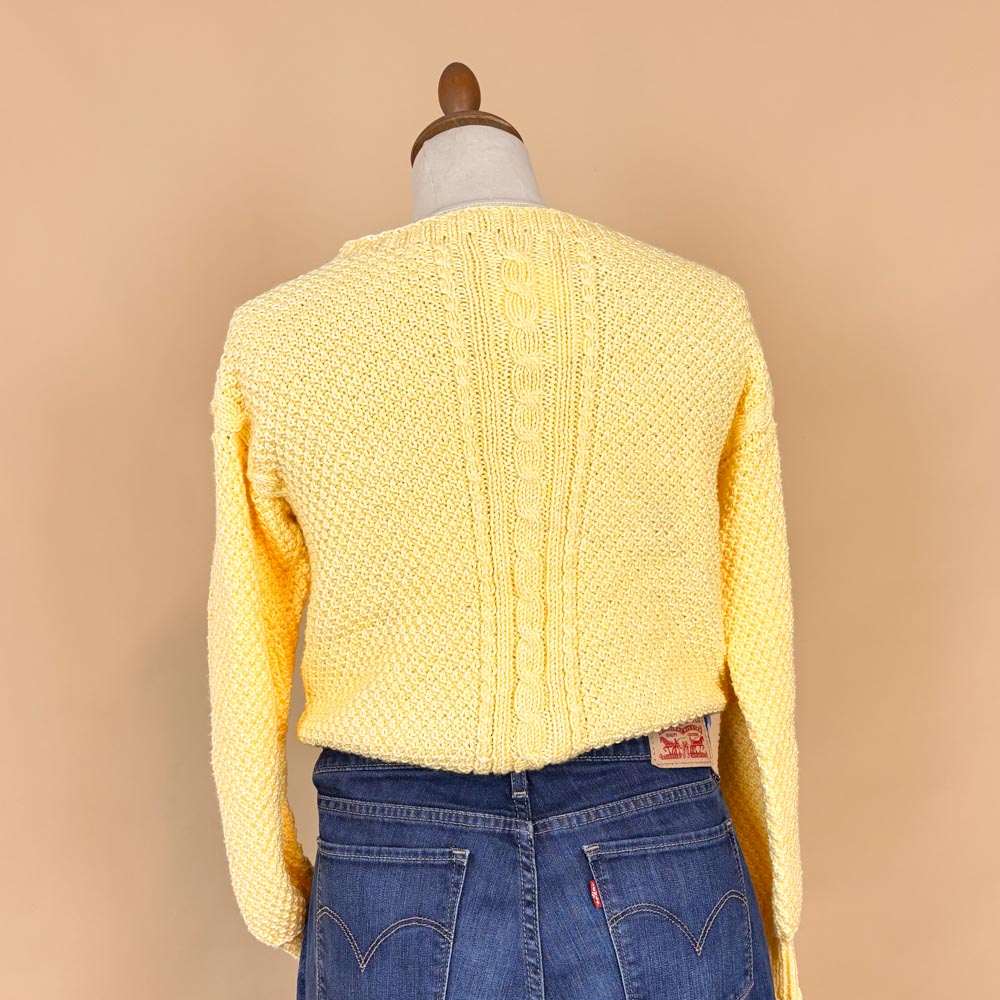VIN-KNIT-35755 Vintage πλεκτή κροπ κίτρινη μπλούζα 90's S-M