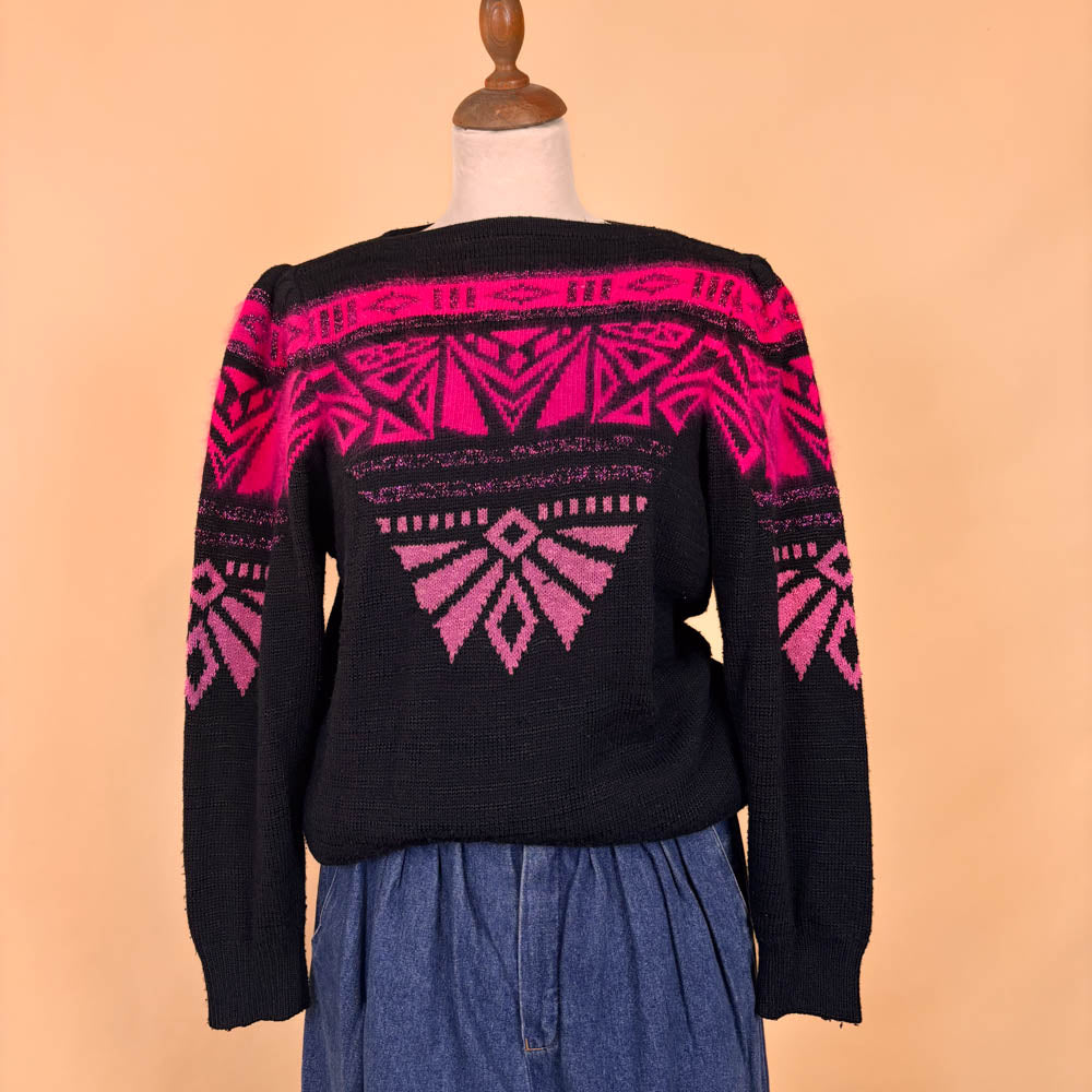 VIN-KNIT-35754 Vintage πλεκτή με μοχέρ λεπτομέρειες μπλούζα 90's M