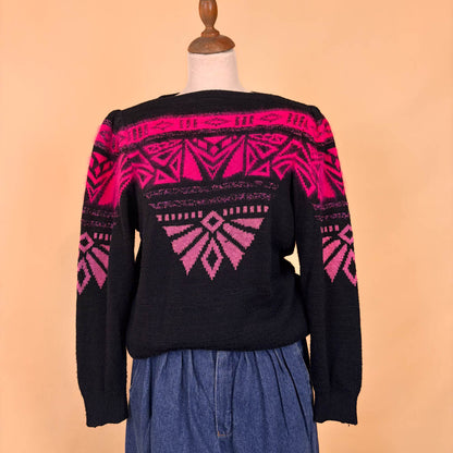 VIN-KNIT-35754 Vintage πλεκτή με μοχέρ λεπτομέρειες μπλούζα 90's M