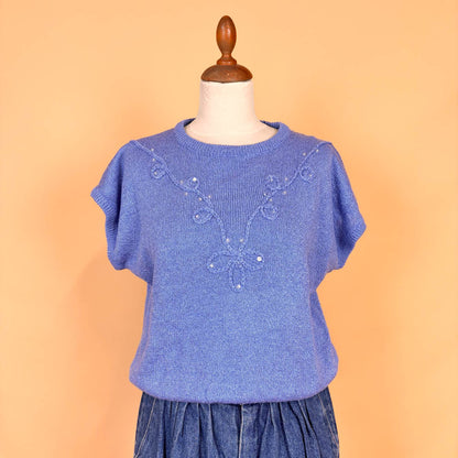 VIN-KNIT-35753 Vintage πλεκτή μπλούζα γαλάζια 90's style M-L