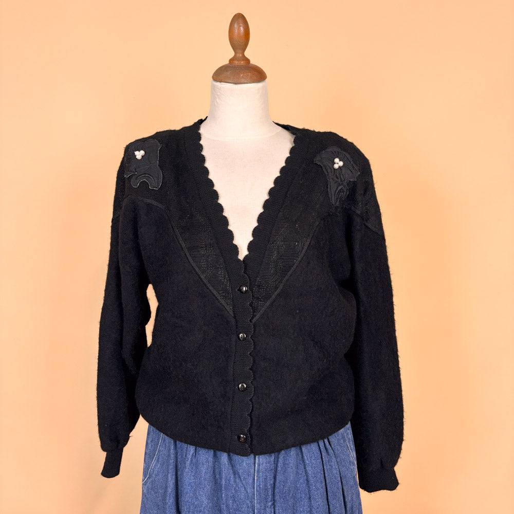 VIN-KNIT-35752 Vintage πλεκτή ζακέτα μαύρη 90's style M-L