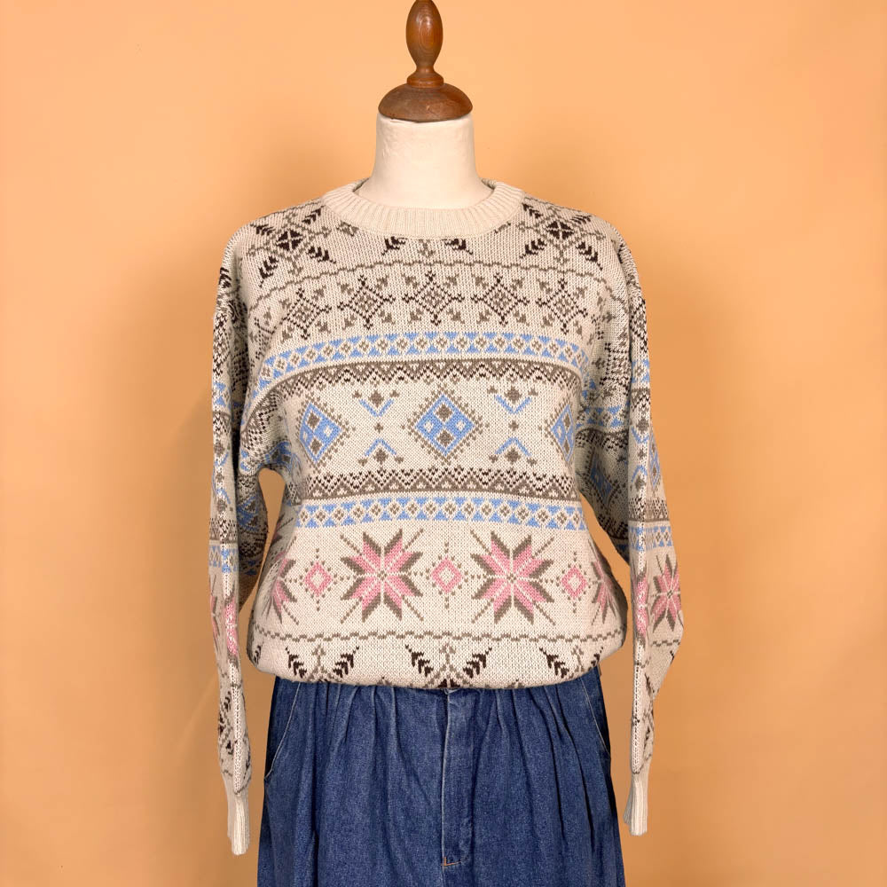 VIN-KNIT-35744 Vintage πλεκτή μπλούζα μπεζ εμπριμέ 90's style M