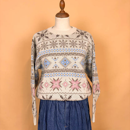 VIN-KNIT-35744 Vintage πλεκτή μπλούζα μπεζ εμπριμέ 90's style M