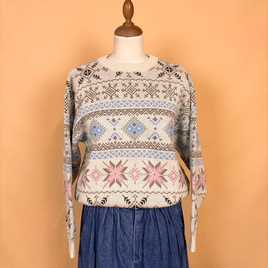 VIN-KNIT-35744 Vintage πλεκτή μπλούζα μπεζ εμπριμέ 90's style M
