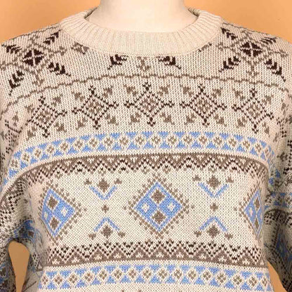 VIN-KNIT-35744 Vintage πλεκτή μπλούζα μπεζ εμπριμέ 90's style M