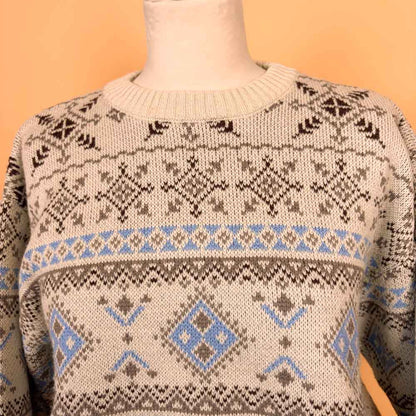 VIN-KNIT-35744 Vintage πλεκτή μπλούζα μπεζ εμπριμέ 90's style M