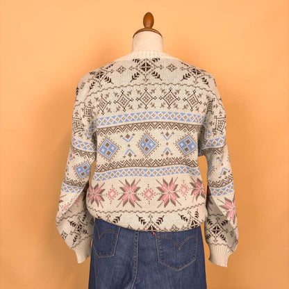 VIN-KNIT-35744 Vintage πλεκτή μπλούζα μπεζ εμπριμέ 90's style M