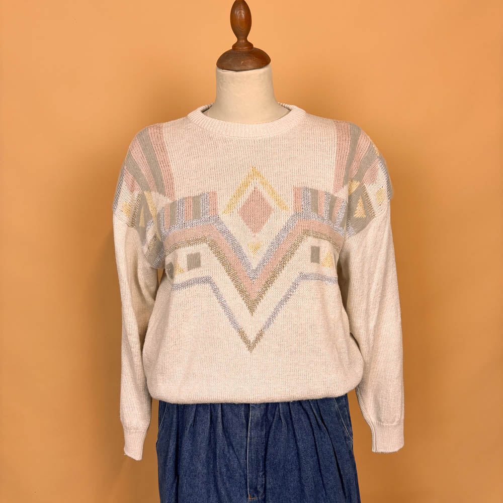 VIN-KNIT-35743 Vintage πλεκτή μπλούζα μπεζ εμπριμέ 90's style M