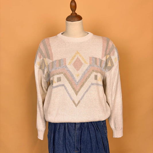 VIN-KNIT-35743 Vintage πλεκτή μπλούζα μπεζ εμπριμέ 90's style M