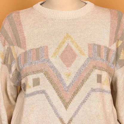 VIN-KNIT-35743 Vintage πλεκτή μπλούζα μπεζ εμπριμέ 90's style M