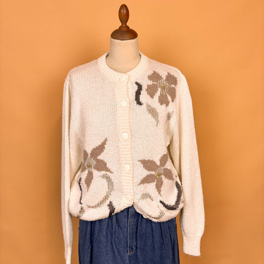VIN-KNIT-35742 Vintage πλεκτή ζακέτα μπεζ 90's style M-L
