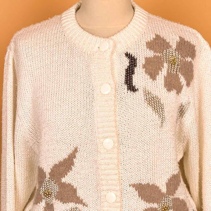 VIN-KNIT-35742 Vintage πλεκτή ζακέτα μπεζ 90's style M-L