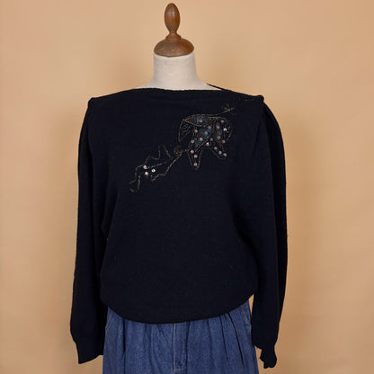 VIN-KNIT-35738 Vintage πλεκτή μπλούζα μαύρη μοχέρ με κεντήματα 80's L