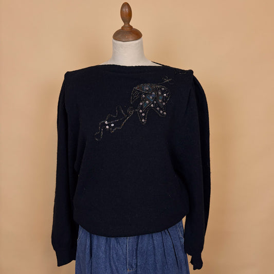VIN-KNIT-35738 Vintage πλεκτή μπλούζα μαύρη μοχέρ με κεντήματα 80's L