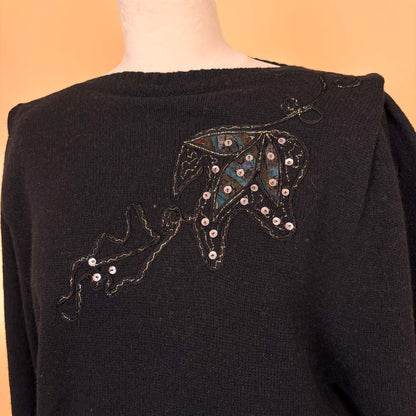 VIN-KNIT-35738 Vintage πλεκτή μπλούζα μαύρη μοχέρ με κεντήματα 80's L