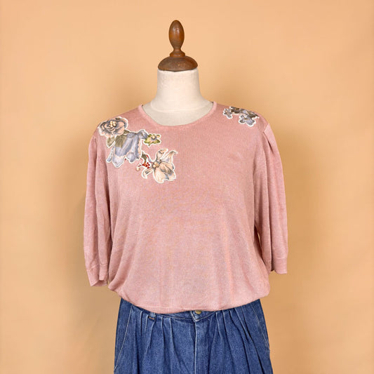 VIN-KNIT-35734 Vintage πλεκτή μπλούζα με κεντήματα ροζ 90's style L