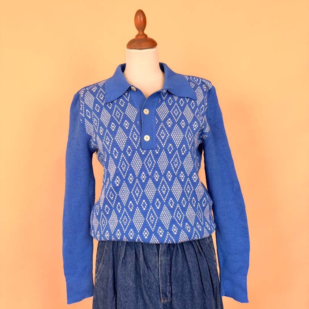 VIN-KNIT-35691 Vintage πλεκτή μπλούζα γαλάζια 90's style S-M