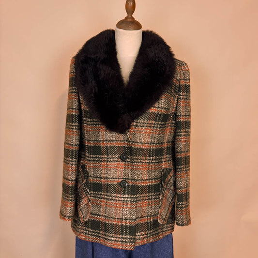 VIN-OUTW-35761 Vintage ημίπαλτο καρό με γούνα M-L
