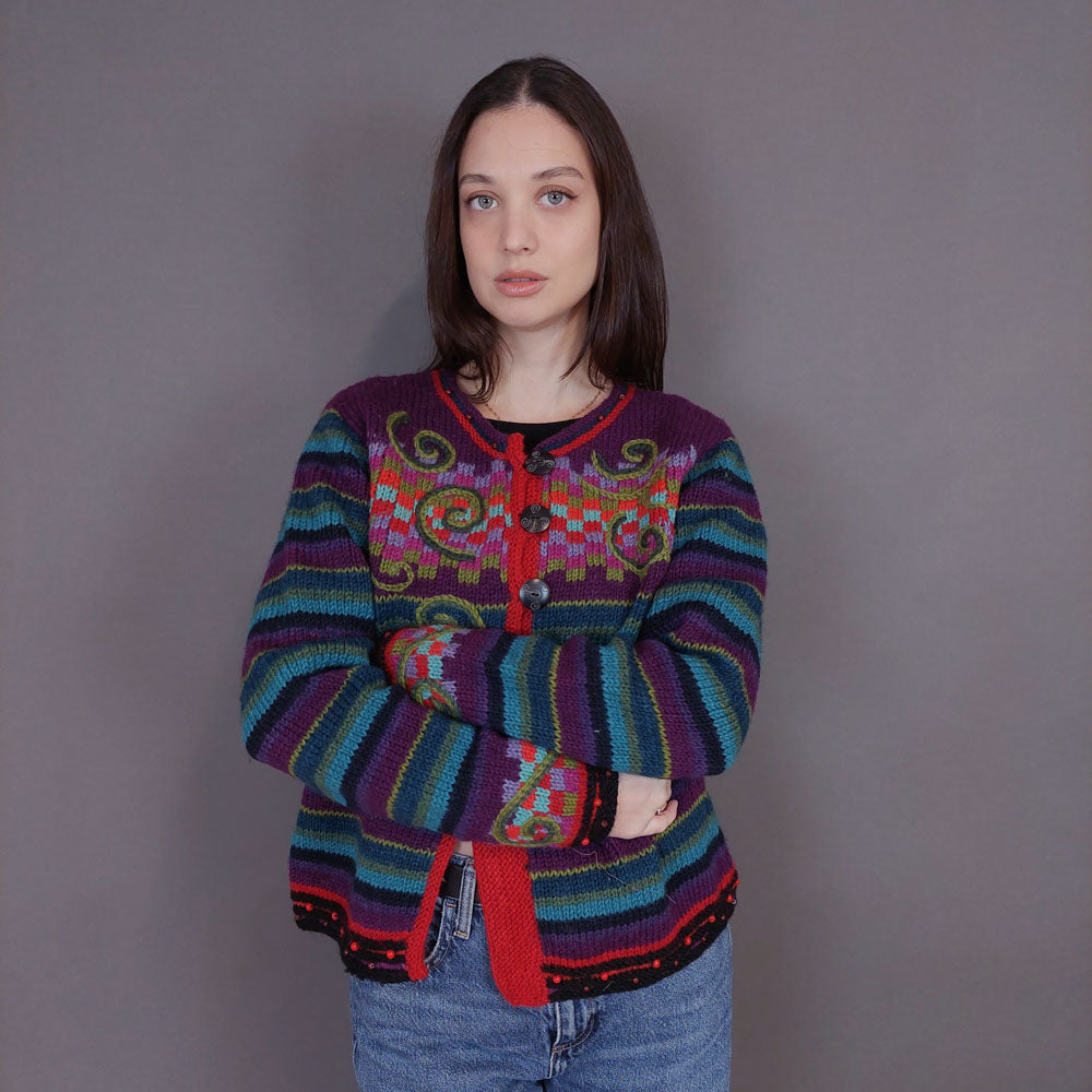 VIN-KNIT-33237 Vintage πλεκτή μάλλινη χειροποίητη ζακέτα S