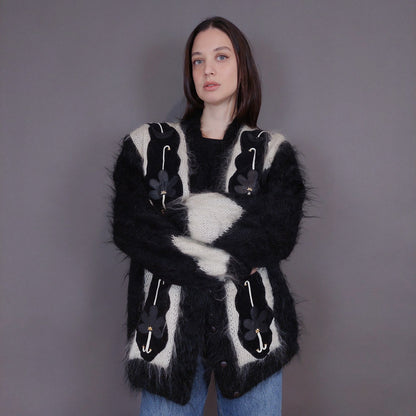 VIN-KNIT-33232 Vintage πλεκτή ζακέτα mohair μάλλινη M-L