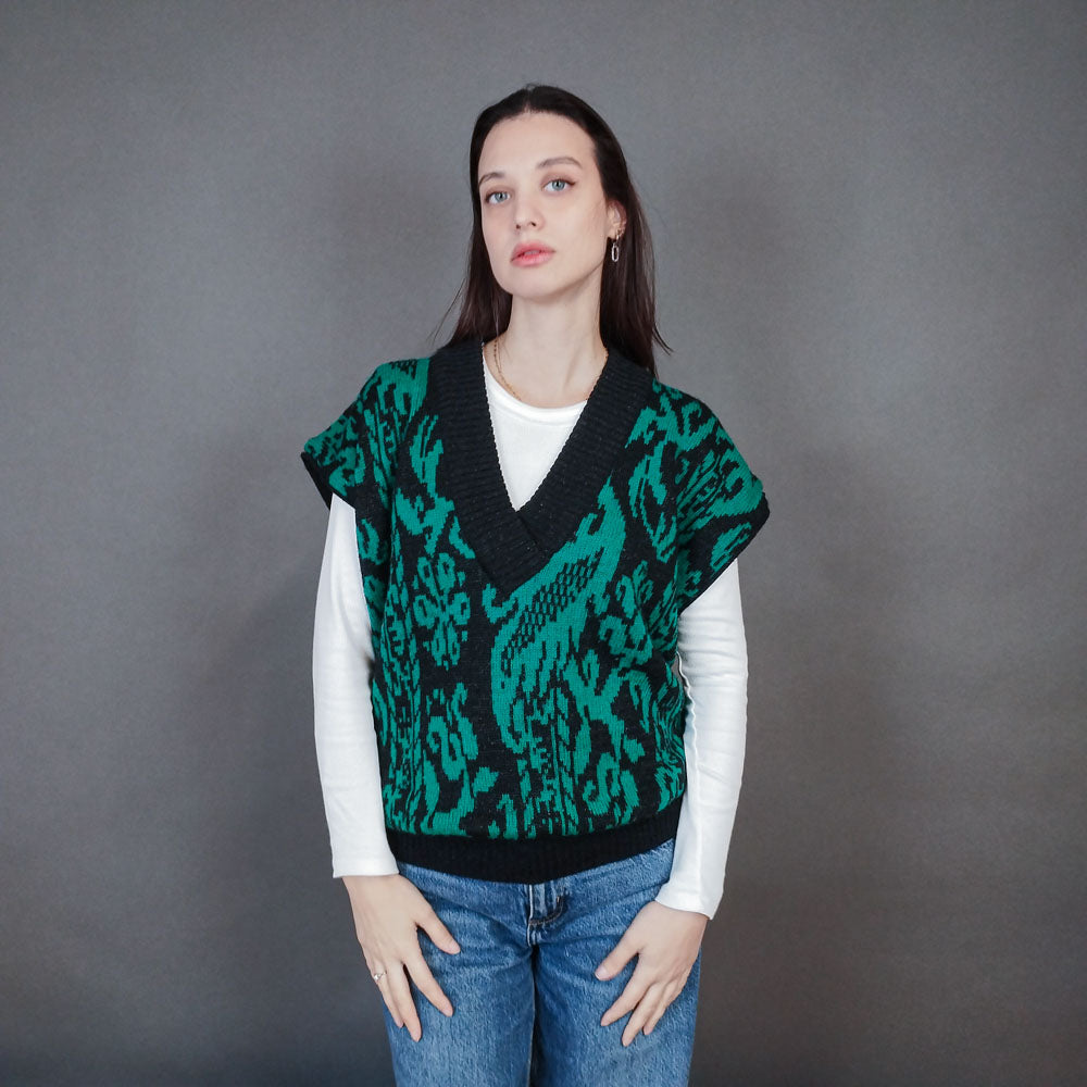 VIN-KNIT-33447 Vintage πλεκτή μάλλινη αμάνικη μπλούζα XL