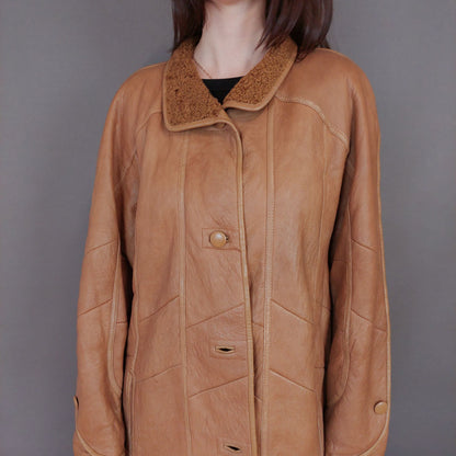 VIN-OUTW-33354 Vintage δερμάτινο κάμελ πανωφόρι L