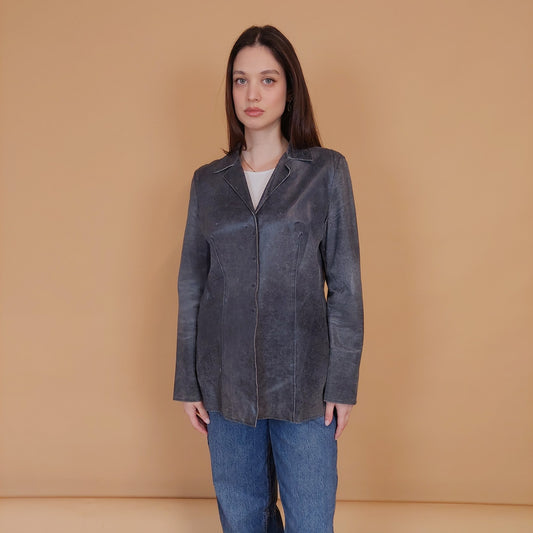 VIN-OUTW-34132 Vintage δερμάτινο σακάκι γκρι S-M