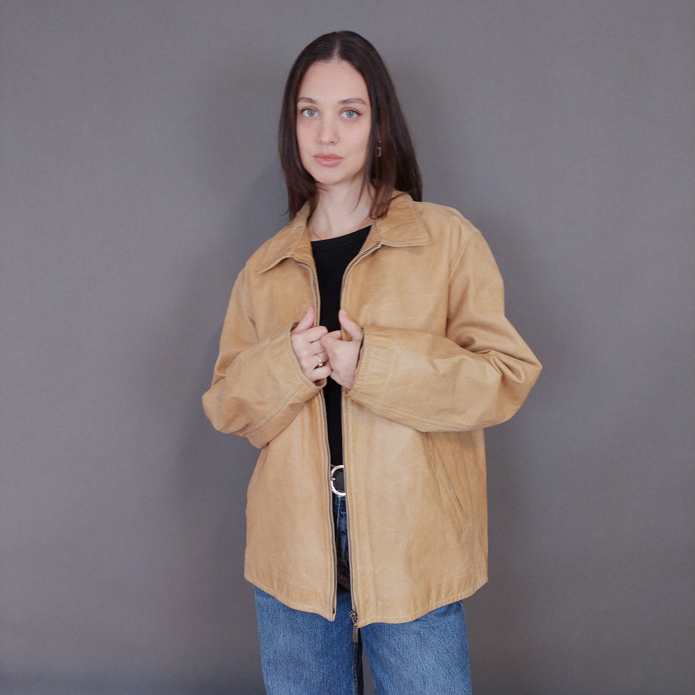 VIN-OUTW-33356 Vintage δερμάτινο μπεζ jacket L