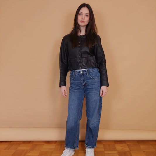 VIN-OUTW-34135 Vintage δερμάτινο κροπ σακάκι S-M