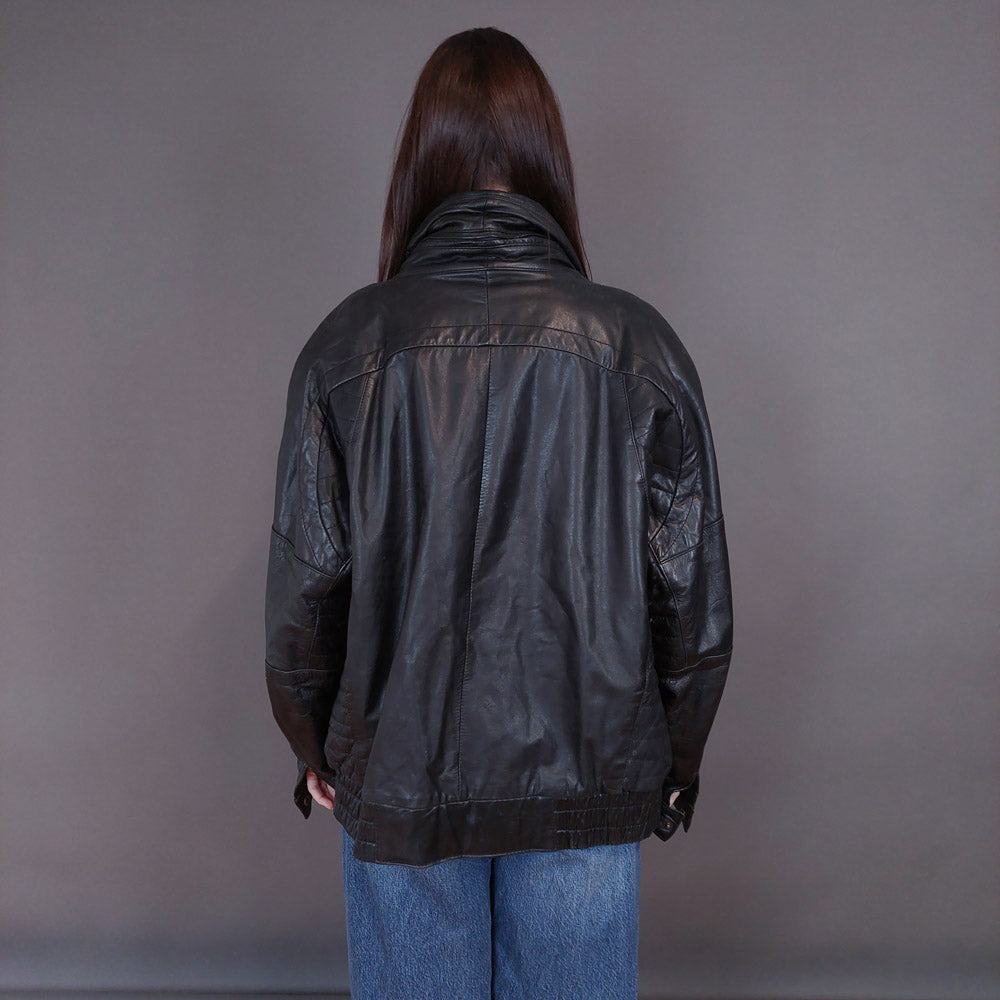 VIN-OUTW-33337 Vintage δερμάτινο μαύρο bomber jacket L-XL