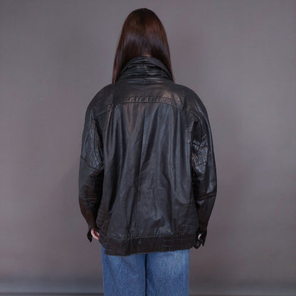 VIN-OUTW-33337 Vintage δερμάτινο μαύρο bomber jacket L-XL
