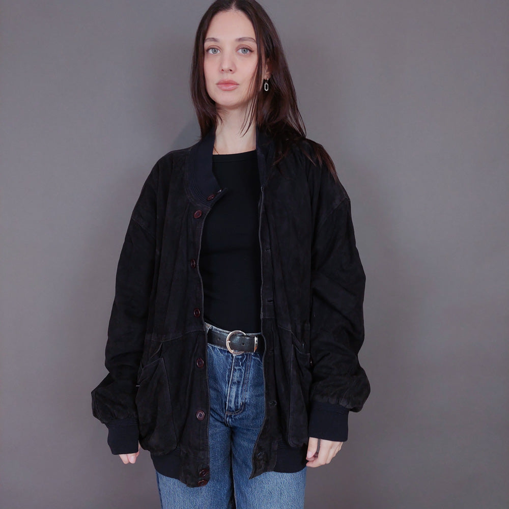 VIN-OUTW-33358 Vintage δερμάτινο σουέντ μαύρο jacket L-XL
