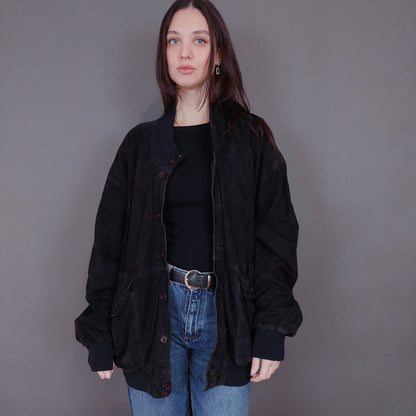 VIN-OUTW-33358 Vintage δερμάτινο σουέντ μαύρο jacket L-XL