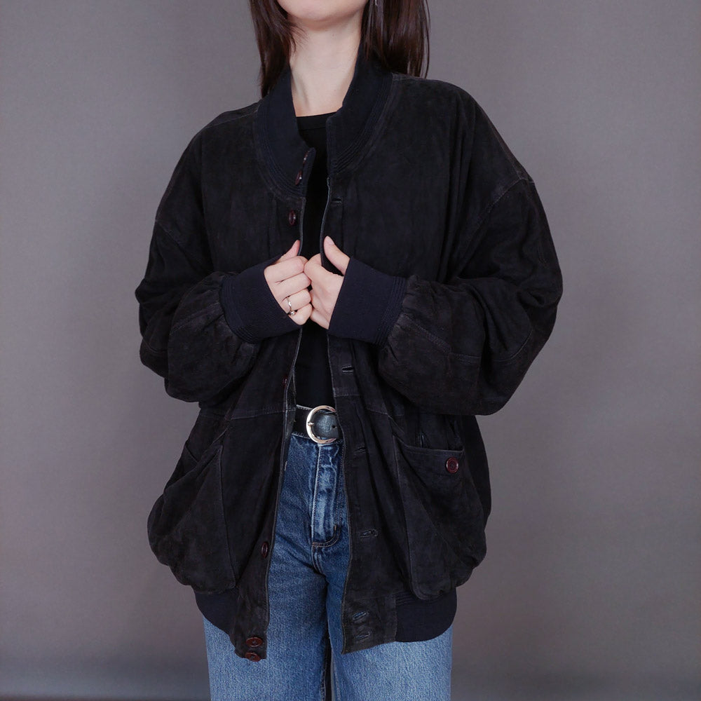 VIN-OUTW-33358 Vintage δερμάτινο σουέντ μαύρο jacket L-XL