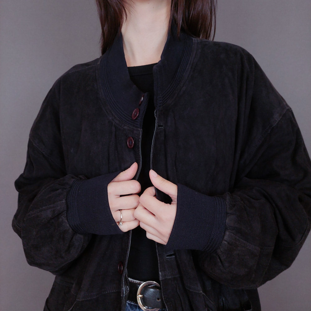 VIN-OUTW-33358 Vintage δερμάτινο σουέντ μαύρο jacket L-XL