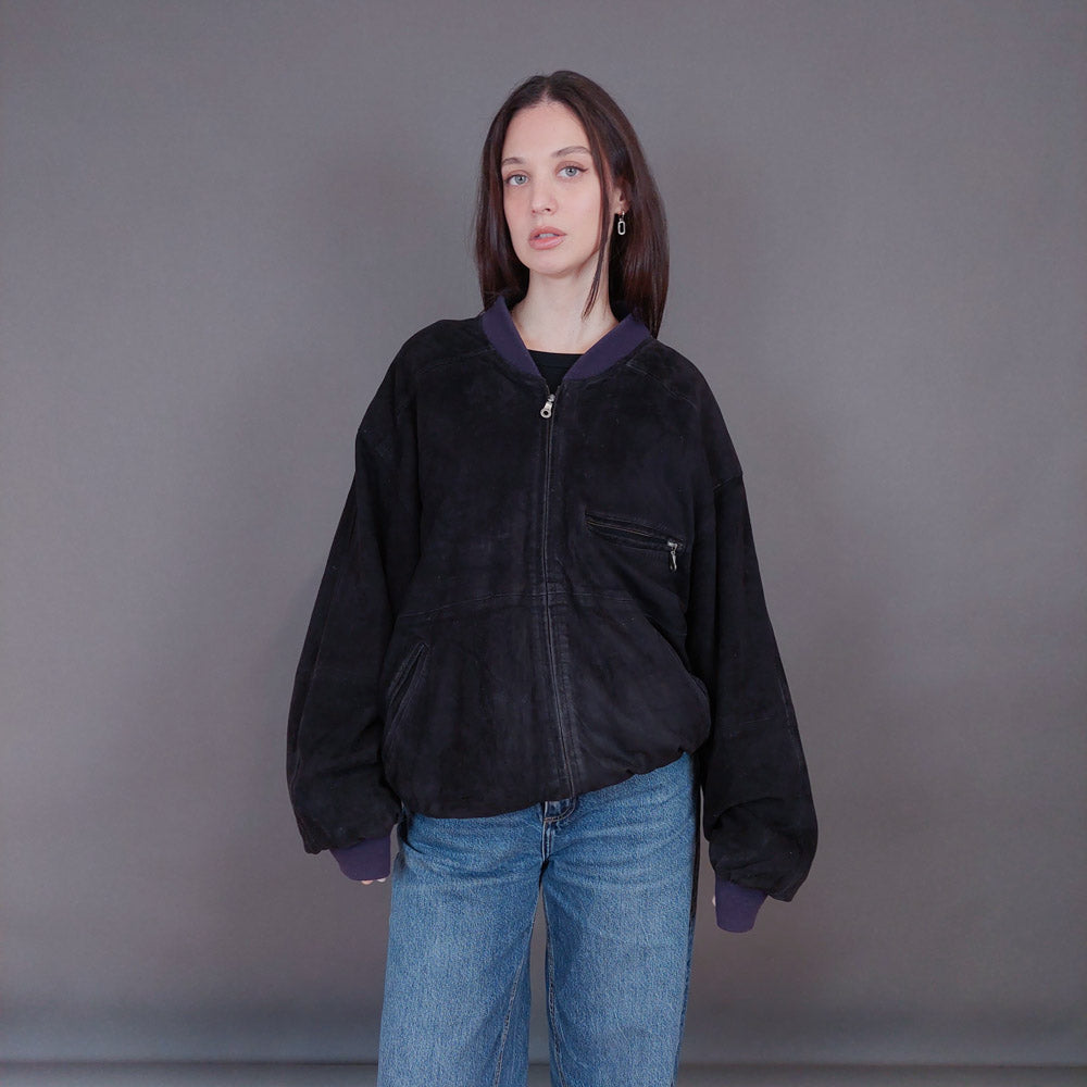 VIN-OUTW-33359 Vintage δερμάτινο σουέντ μαύρο jacket L-XL