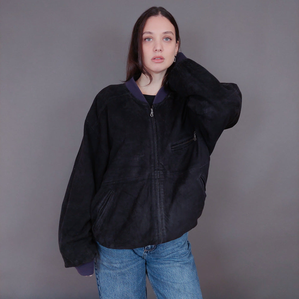 VIN-OUTW-33359 Vintage δερμάτινο σουέντ μαύρο jacket L-XL