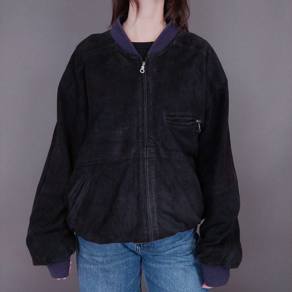 VIN-OUTW-33359 Vintage δερμάτινο σουέντ μαύρο jacket L-XL