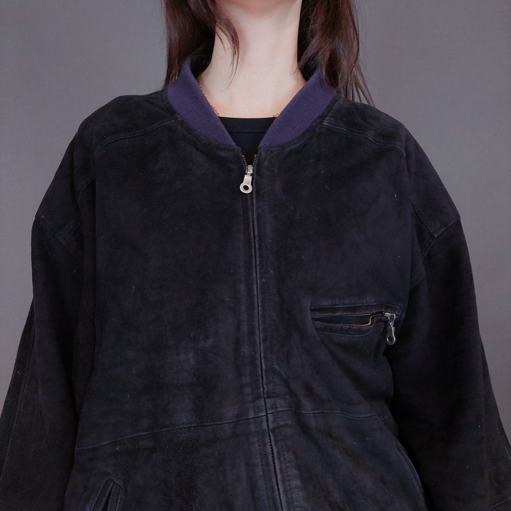 VIN-OUTW-33359 Vintage δερμάτινο σουέντ μαύρο jacket L-XL