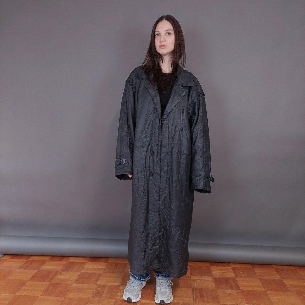 VIN-OUTW-33338 Vintage δερμάτινο μαύρο μακρύ jacket L-XL