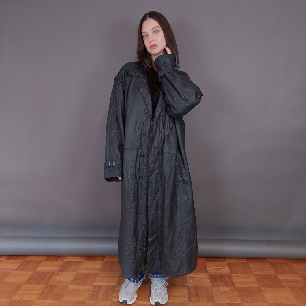 VIN-OUTW-33338 Vintage δερμάτινο μαύρο μακρύ jacket L-XL