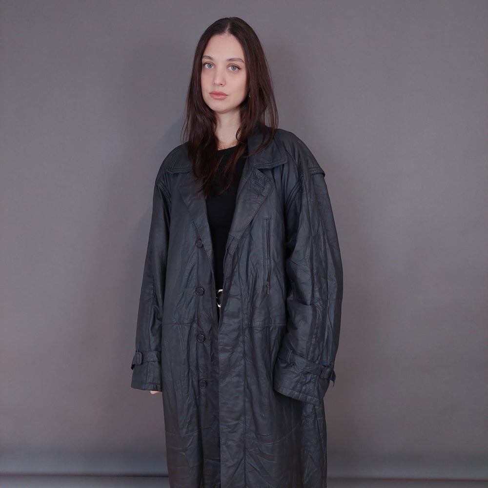 VIN-OUTW-33338 Vintage δερμάτινο μαύρο μακρύ jacket L-XL