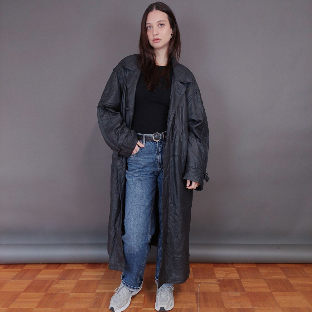 VIN-OUTW-33338 Vintage δερμάτινο μαύρο μακρύ jacket L-XL