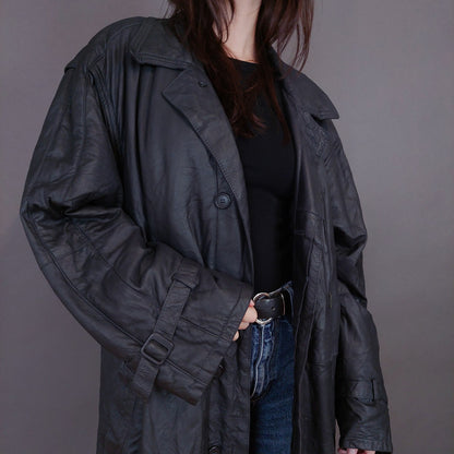 VIN-OUTW-33338 Vintage δερμάτινο μαύρο μακρύ jacket L-XL