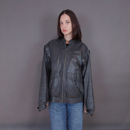 VIN-OUTW-33339 Vintage δερμάτινο γκρι bomber jacket L