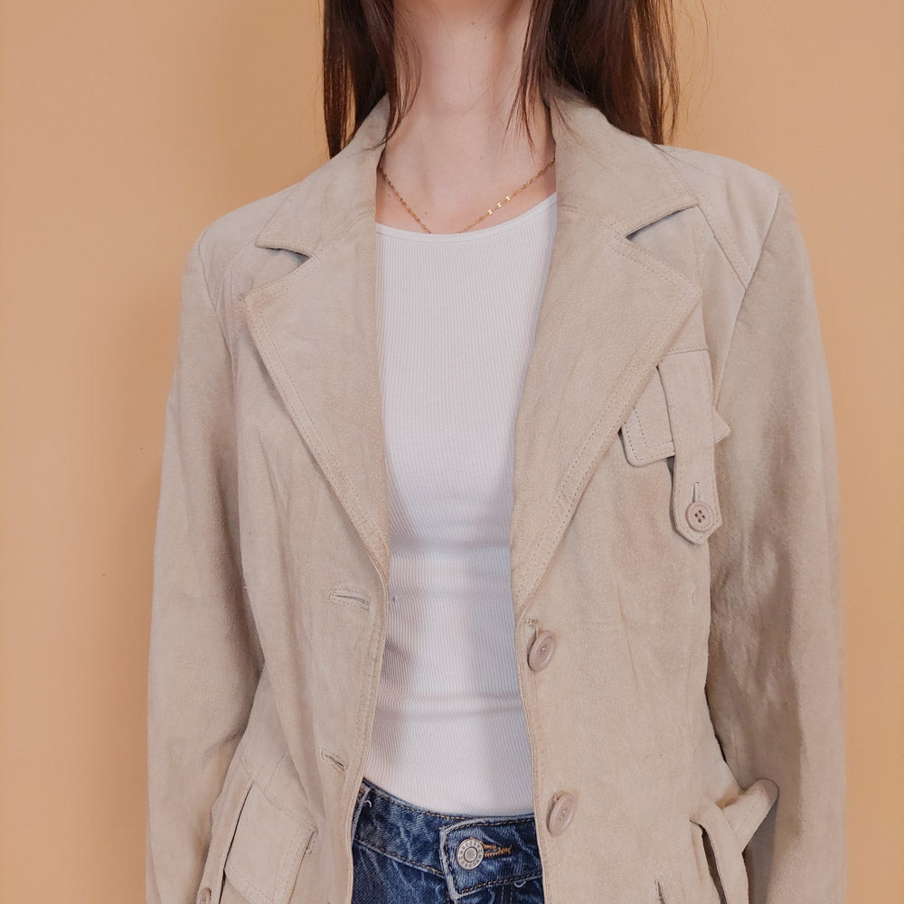 VIN-OUTW-34147 Vintage δερμάτινο suede σακάκι μπεζ S-M